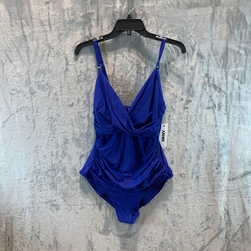 DKNY Womens Royal Blue Wrap Front Ruched One Piece Swimsuit DIMMS559 Large NEW - Picture 1 of 7